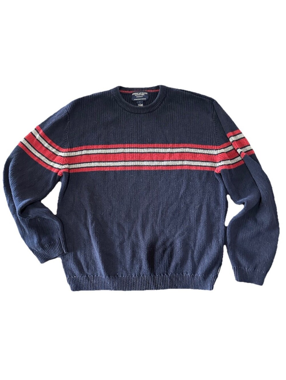 American Eagle Outfitters Men's Striped Knit Sweater Navy Red Gray Crew Neck L